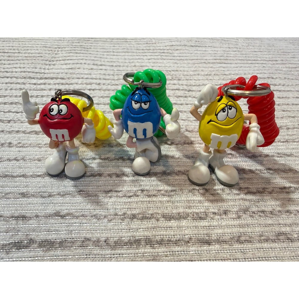 Vintage 1997 M&Ms Keychain Set Red Blue Yellow Character Figures Coil Wristlet